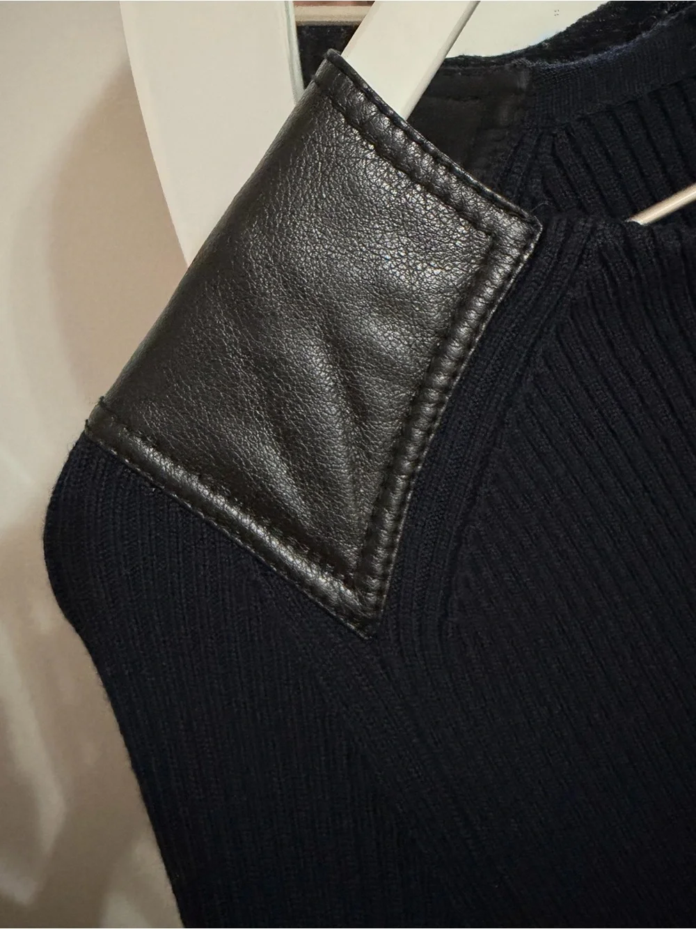 Tory Burch Black Ribbed Knit Dress w/ Leather Shoulder Panels Size M